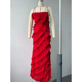 DERMEARNE Sexy Fashion Strap Halter Backless Off Shoulder Evening Gala Long Maxi Dress Prom Gown Summer Elegant Women Ruffle Party Dress