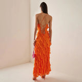 DERMEARNE Sexy Fashion Strap Halter Backless Off Shoulder Evening Gala Long Maxi Dress Prom Gown Summer Elegant Women Ruffle Party Dress