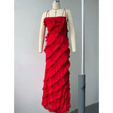 DERMEARNE Sexy Fashion Strap Halter Backless Off Shoulder Evening Gala Long Maxi Dress Prom Gown Summer Elegant Women Ruffle Party Dress