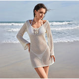 Dermearne Sexy Hollow Out Knitted Dress Women Metal Ring Long Flare Sleeve Split Solid Maxi Dress Female 2025 V-neck Slim Lady Party Robes