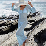 Dermearne Sexy Hollow Out Knitted Dress Women Metal Ring Long Flare Sleeve Split Solid Maxi Dress Female 2025 V-neck Slim Lady Party Robes