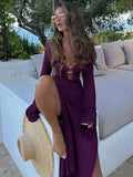 Dermearne Sexy Hollow Out Knitted Dress Women Metal Ring Long Flare Sleeve Split Solid Maxi Dress Female 2025 V-neck Slim Lady Party Robes