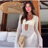 Dermearne Sexy Hollow Out Knitted Dress Women Metal Ring Long Flare Sleeve Split Solid Maxi Dress Female 2025 V-neck Slim Lady Party Robes