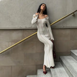 DERMEARNE Sexy Knitted Hollow Out Long Sleeve Beach Maxi Dress Women Holiday Outfit Elegant Off Shoulder Slim Dress Summer Evening Vesidos