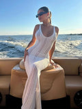 DERMEARNE Sexy Knitted Hollow Out Long Sleeve Beach Maxi Dress Women Holiday Outfit Elegant Off Shoulder Slim Dress Summer Evening Vesidos