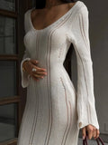 DERMEARNE Sexy Knitted Hollow Out Long Sleeve Beach Maxi Dress Women Holiday Outfit Elegant Off Shoulder Slim Dress Summer Evening Vesidos