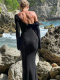 DERMEARNE Sexy Knitted Hollow Out Long Sleeve Beach Maxi Dress Women Holiday Outfit Elegant Off Shoulder Slim Dress Summer Evening Vesidos