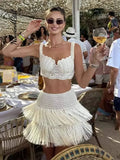 DERMEARNE Sexy Knitted Tassels Top Mini Skirt Set Women Crop Bikini Vests Multi Layers Fringe Skirts 2025 Summer Beach Party Outfits Lady