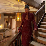 DERMEARNE Sexy Lace Hollow Out Women Dress Mandarin Collar Long Flare Sleeve Female Party Dresses 2025 Spring New Slim Evening Robe Lady