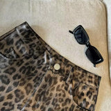 DERMEARNE Sexy Leopard Print PU Leather Shorts Women Black High Waist Leather Shorts with Belt