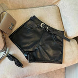DERMEARNE Sexy Leopard Print PU Leather Shorts Women Black High Waist Leather Shorts with Belt