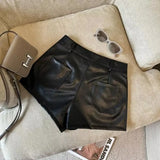 DERMEARNE Sexy Leopard Print PU Leather Shorts Women Black High Waist Leather Shorts with Belt