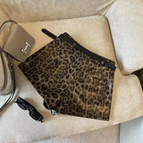 DERMEARNE Sexy Leopard Print PU Leather Shorts Women Black High Waist Leather Shorts with Belt