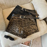 DERMEARNE Sexy Leopard Print PU Leather Shorts Women Black High Waist Leather Shorts with Belt