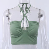 DERMEARNE Sexy Solid Lace Up Bow Halter Ruched Crop Top Fashion Sleeveless Backless Tube Tops Female Streetwear Tops  New Women