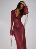 DERMEARNE Sexy V neck Perspective Ruffle Drawstring Tight Maxi Dresses For Women 2025 Spring Summer Elegant Side Split Party Vestido A1942