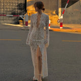 DERMEARNE Sexy White Lace Printed Maxi Dress For Women See-Through Hollow Out Full Sleeve V Neck Slit Slim Long Dress Party Club Outfit