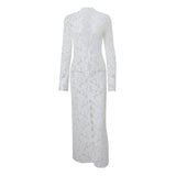 DERMEARNE Sexy White Lace Printed Maxi Dress For Women See-Through Hollow Out Full Sleeve V Neck Slit Slim Long Dress Party Club Outfit