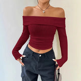 DERMEARNE Sexy White Pink Red Flat-neck Sweater Base with Feminine Collarbone Off-the-shoulder Sweater for Slimming Out Wear
