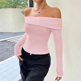 DERMEARNE Sexy White Pink Red Flat-neck Sweater Base with Feminine Collarbone Off-the-shoulder Sweater for Slimming Out Wear