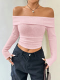 DERMEARNE Sexy White Pink Red Flat-neck Sweater Base with Feminine Collarbone Off-the-shoulder Sweater for Slimming Out Wear