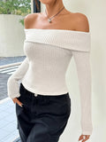 DERMEARNE Sexy White Pink Red Flat-neck Sweater Base with Feminine Collarbone Off-the-shoulder Sweater for Slimming Out Wear
