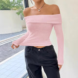 DERMEARNE Sexy White Pink Red Flat-neck Sweater Base with Feminine Collarbone Off-the-shoulder Sweater for Slimming Out Wear