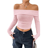 DERMEARNE Sexy White Pink Red Flat-neck Sweater Base with Feminine Collarbone Off-the-shoulder Sweater for Slimming Out Wear