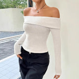 DERMEARNE Sexy White Pink Red Flat-neck Sweater Base with Feminine Collarbone Off-the-shoulder Sweater for Slimming Out Wear