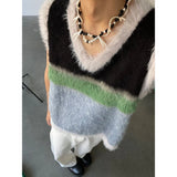 Women Color Block Vintage V-Neck Sweater Vest 2023 Fall Winter Korean Fashion New in Knit Niche Design Spliced Loose Tops