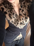 Leopard Cardigan Women Japanese Gyaru V-neck Long Sleeve Streetwear Slim Sexy Cardigan Sweater Y2k Vintage Top Autuam