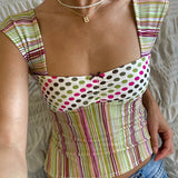 DERMEARNE Cottage Y2K Aesthetic Bow Trim Milkmaid Crop Top Plaid/Stripes Print Square Neck Tank Tops Women Backless Slim Fit Shirts Vest
