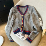 British Style Retro Women Grey Cardigan Knitting Sweater College Badge Embroidery Y2k Jacket Coat Female Girl Winter V-neck Tops