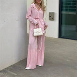 wsevypo Women Pleated 2 Piece Pants Sets Spring Summer Streetwear Long Sleeve Button Down Shirt+Straight-Leg Pants Loose Outfits