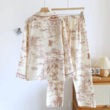 2024 Spring and Autumn Women's New Pajama Set 100% Cotton Crepe Long sleeved Pants Cute Home Fury Two piece Set Pijamas Ladies