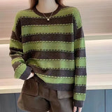 Autumn Winter Fashion Round Neck Long Sleeve Striped Patchwork Pullovers Women's Clothing Korean All-match Sweaters Trend Tops