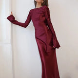 DERMEARNE White Satin Long Sleeved Slim Evening Dress Sexy Hollow Out Backless Mermaid Robe Dress New Autumn Women O Neck Fashion Dresses