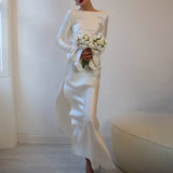 DERMEARNE White Satin Long Sleeved Slim Evening Dress Sexy Hollow Out Backless Mermaid Robe Dress New Autumn Women O Neck Fashion Dresses