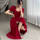 DERMEARNE Solid Puff Short-Sleeved Elegant Slit Dress New Fashion Women V-neck Full Dresses Ladies High Waist Slim Evening Party Vestidos