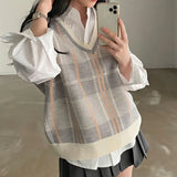 Autumn Winter Female Korean Loose Sweater Vest Vintage Office-lady V-neck Jumpers Pullover Women Knitted Tops Pull Femme 23875