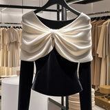 DERMEARNE Spring Autumn Round Neck Long Sleeve Fashion T-Shirts Women High Street Bow Patchwork Pullovers Elegant Vintage All-match Tops