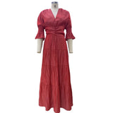 DERMEARNE Elegant Ruffle Splicing High Waist And Large Swing Dress For Spring 2025 New Women's Fashion V-neck Long Sleeved Maxi Dress