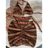 DERMEARNE Knitbikini Set Of Three Sexy Striped Swimwear Middle Age Polyester Fiber Beach Style Printed Knitted Bikini