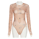 DERMEARNE Sexy tight-fitting one-piece Top Women Long-Sleeved Bodysuits O-Neck Basic Party Wear Print Summer Wild Slim Bodysuits