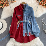 DERMEARNE Women Shirt Denim Splice Full Sleeve Single Breasted T Shirts Turn Down Collar Irregular Midi Blouses Belt Ladies Autumn
