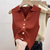 DERMEARNE Summer Chic Ice Silk Knitpolo Lapel Thin Slims You And Smooths Your Silhouette Tank Outer Wear Vest Women's Shoulder Vest No Sle