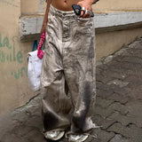 Streetwear Scrawl Low Waist Jeans Women Washed Graffiti Painted Baggy Cargo Pants Y2k Slouchy Casual Wide Leg Trousers