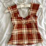 DERMEARNE Cottage Y2K Aesthetic Bow Trim Milkmaid Crop Top Plaid/Stripes Print Square Neck Tank Tops Women Backless Slim Fit Shirts Vest