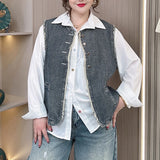 DERMEARNE 2025 Spring Summer Plus Size Women's Tweed Round Neck Vest with Frayed Hem Design, Retro Style Waistcoat Jacket 8283