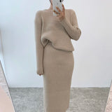 Solid Color Sets Two Pieces High Waist Women Sweet Korean Elegant Streetwear Chic Long Sleeve Black Casual A Line Ladies Skirt